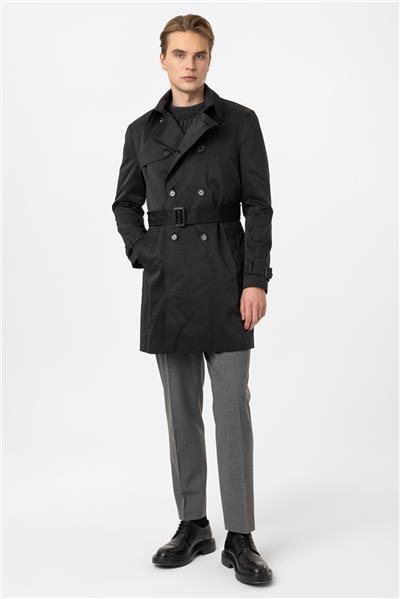 Siyah Regular Fit Casual Kruvaze Trençkot