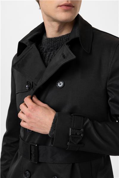 Siyah Regular Fit Casual Kruvaze Trençkot