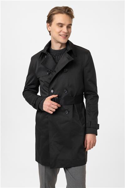 Siyah Regular Fit Casual Kruvaze Trençkot