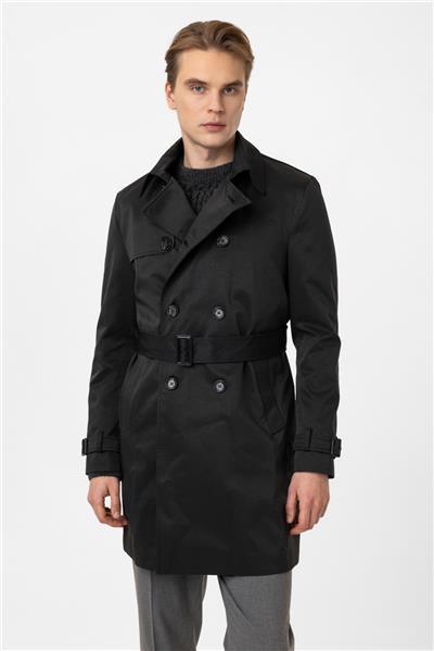 Siyah Regular Fit Casual Kruvaze Trençkot