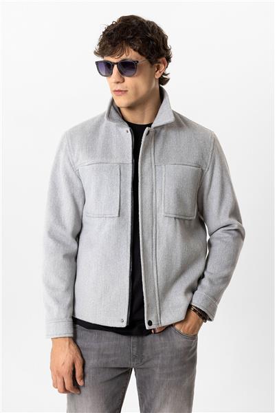 Açık Gri Regular Fit Cepli Gömlek Yaka Mont