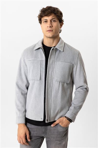 Açık Gri Regular Fit Cepli Gömlek Yaka Mont