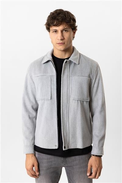 Açık Gri Regular Fit Cepli Gömlek Yaka Mont