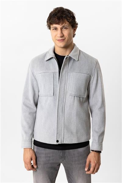 Açık Gri Regular Fit Cepli Gömlek Yaka Mont