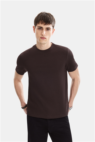 Kahve Regular Fit Örme Bisiklet Yaka Tişört