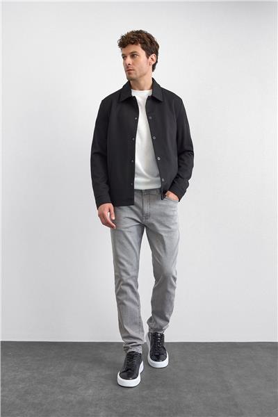 Siyah Regular Fit Dıagonel Jakarlı Örme Mont Ceket