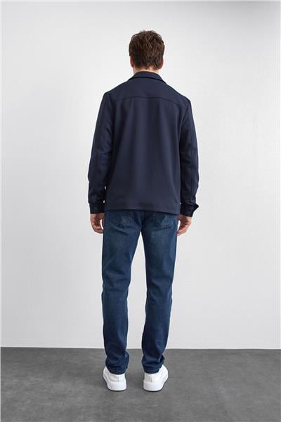 Lacivert Regular Fit Dıagonel Jakarlı Örme Mont Ceket