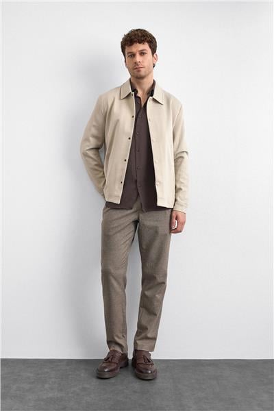 Bej Regular Fit Dıagonel Jakarlı Örme Mont Ceket