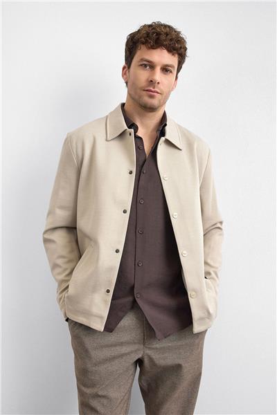 Bej Regular Fit Dıagonel Jakarlı Örme Mont Ceket