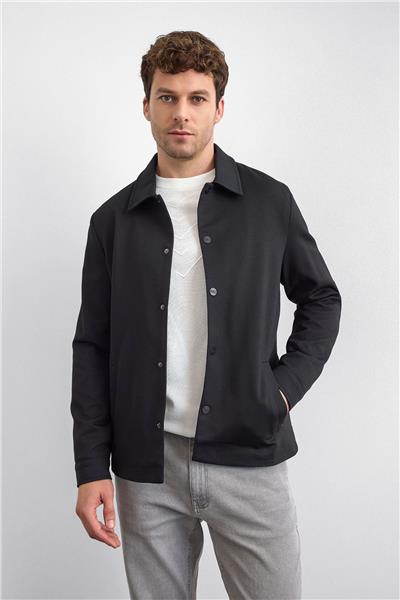 Siyah Regular Fit Dıagonel Jakarlı Örme Mont Ceket