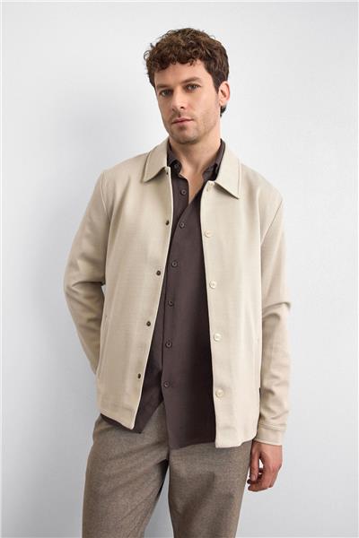 Bej Regular Fit Dıagonel Jakarlı Örme Mont Ceket