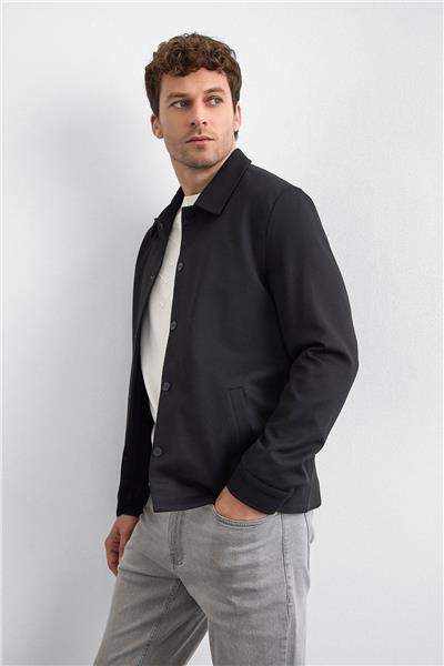 Siyah Regular Fit Dıagonel Jakarlı Örme Mont Ceket