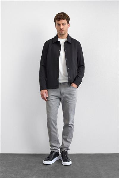 Siyah Regular Fit Dıagonel Jakarlı Örme Mont Ceket