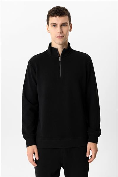 Siyah Regular Fit Dik Yaka Yarım Fermuarlı Sweatshirt