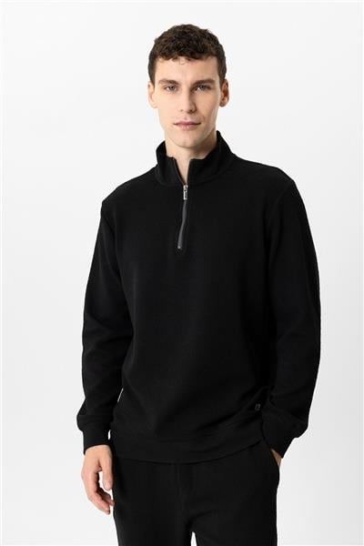 Siyah Regular Fit Dik Yaka Yarım Fermuarlı Sweatshirt