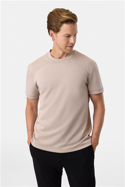 Regular Fit Düğme Yaka Vizon Tişört