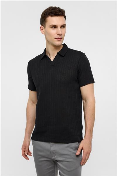 Siyah Regular Fit Düğmesiz Polo Yaka Tişört