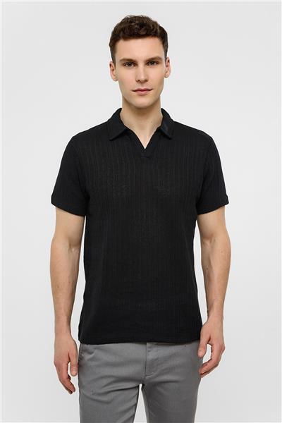 Siyah Regular Fit Düğmesiz Polo Yaka Tişört