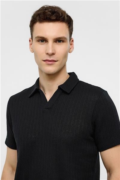 Siyah Regular Fit Düğmesiz Polo Yaka Tişört