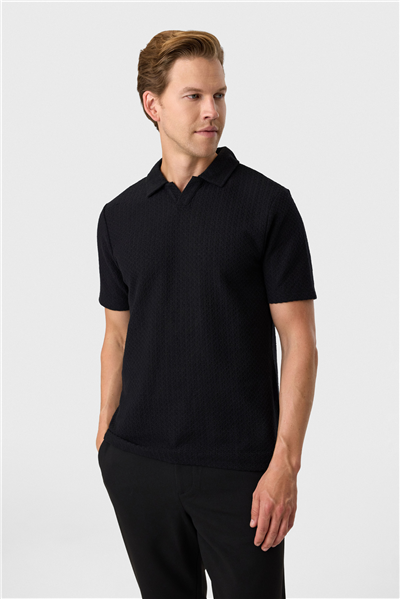 Regular Fit Düğmesiz Siyah Polo Yaka Tişört