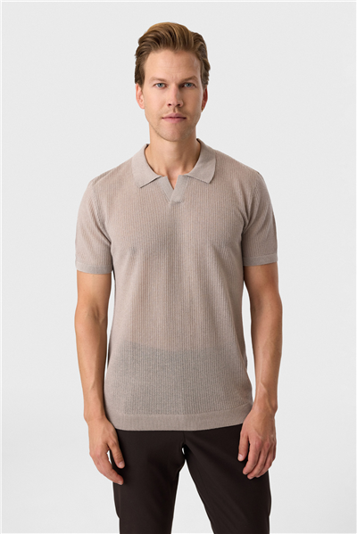 Regular Fit Düğmesiz Vizon Polo Yaka Triko 