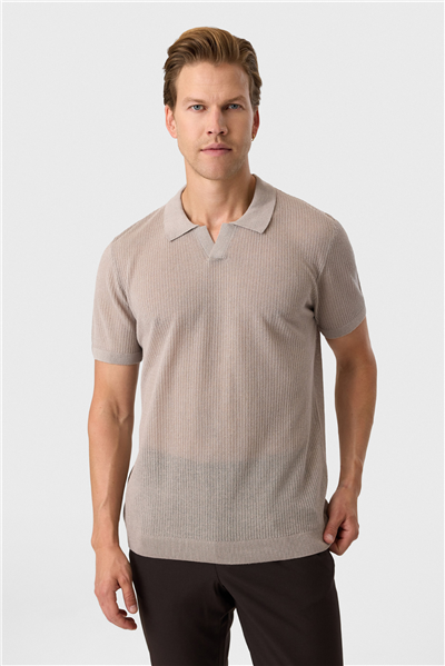 Regular Fit Düğmesiz Vizon Polo Yaka Triko 