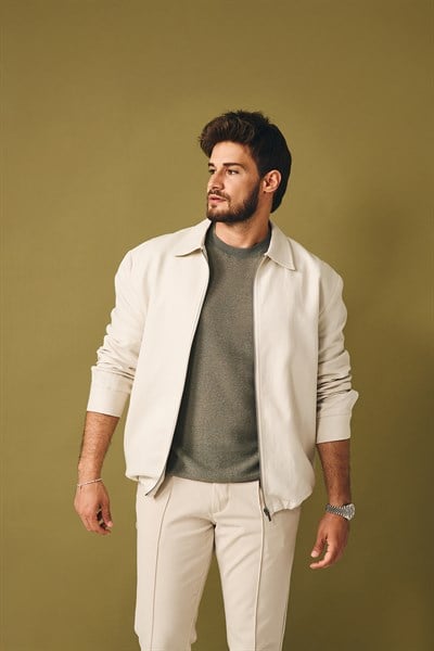 Regular Fit Ekru Fermuarlı Modern Ceket
