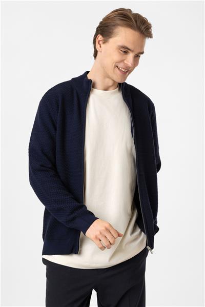 Lacivert Regular Fit Desenli Dik Yaka Fermuarlı Triko Hırka