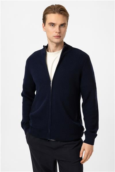 Lacivert Regular Fit Desenli Dik Yaka Fermuarlı Triko Hırka