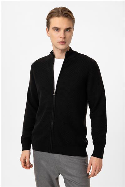 Siyah Regular Fit Desenli Dik Yaka Fermuarlı Triko Hırka