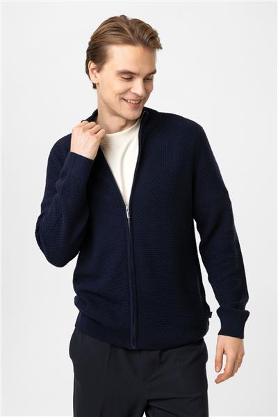 Lacivert Regular Fit Desenli Dik Yaka Fermuarlı Triko Hırka