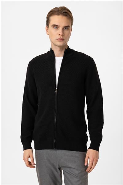 Siyah Regular Fit Desenli Dik Yaka Fermuarlı Triko Hırka