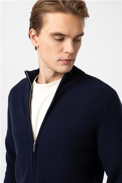 Lacivert Regular Fit Desenli Dik Yaka Fermuarlı Triko Hırka