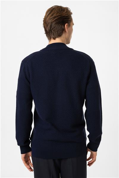 Lacivert Regular Fit Desenli Dik Yaka Fermuarlı Triko Hırka