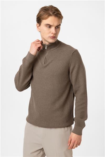 Vizon Regular Fit Desenli Dik Yaka Yarım Fermuarlı Triko Kazak