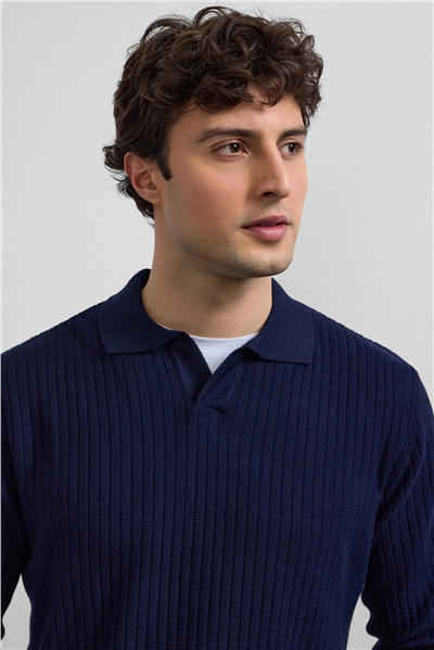 Lacivert Regular Fit Fitilli Triko Kazak