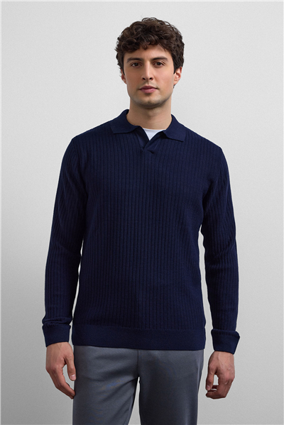 Lacivert Regular Fit Fitilli Triko Kazak