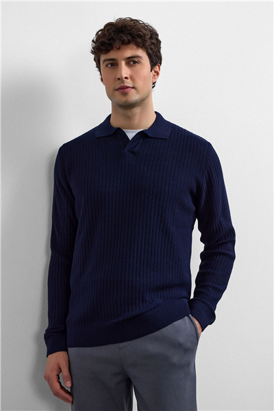 Lacivert Regular Fit Fitilli Triko Kazak