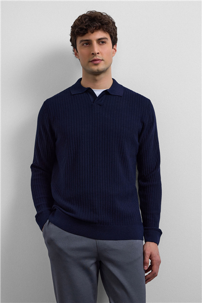 Lacivert Regular Fit Fitilli Triko Kazak