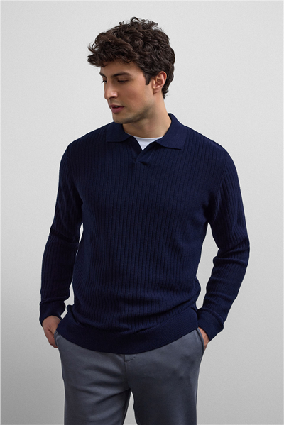 Lacivert Regular Fit Fitilli Triko Kazak