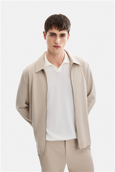 Bej Regular Fit Jakarlı Diagonel Mont