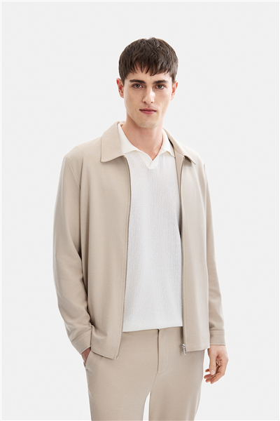 Bej Regular Fit Jakarlı Diagonel Mont