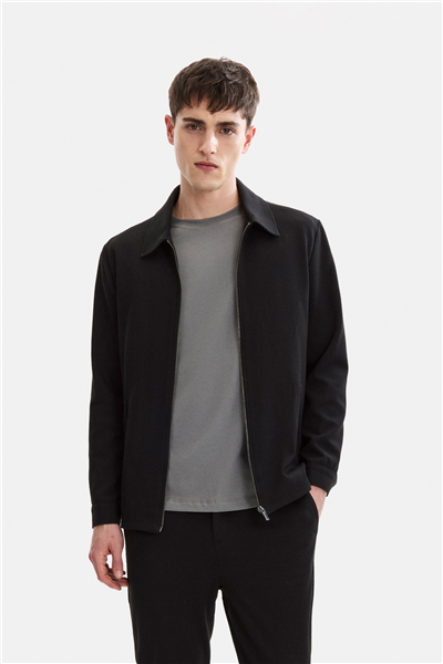 Siyah Regular Fit Jakarlı Diagonel Ceket