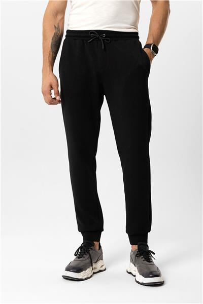 Siyah Regular Fit Beli Bağcıklı Jogger Pantolon