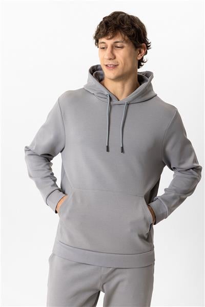 Gri Regular Fit Pamuklu Kapüşonlu Kanguru Sweatshirt