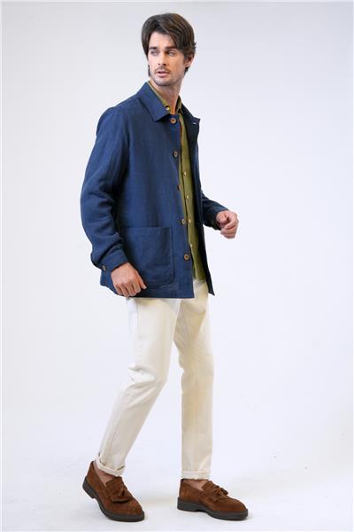 Lacivert Regular Fit Gömlek Yaka Keten Ceket