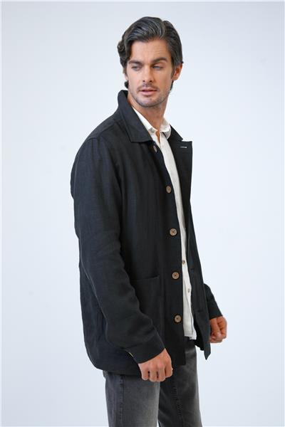 Siyah Regular Fit Gömlek Yaka Keten Ceket