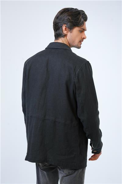 Siyah Regular Fit Gömlek Yaka Keten Ceket