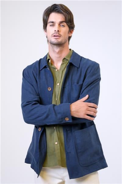 Lacivert Regular Fit Gömlek Yaka Keten Ceket