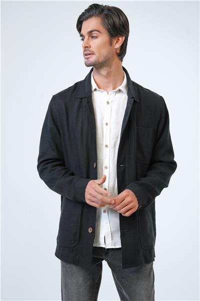 Siyah Regular Fit Gömlek Yaka Keten Ceket